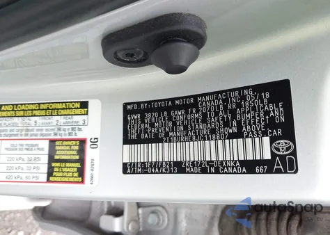 2018 Toyota Corolla Le from USA, damaged, VIN 2T1BURHE8JC118807